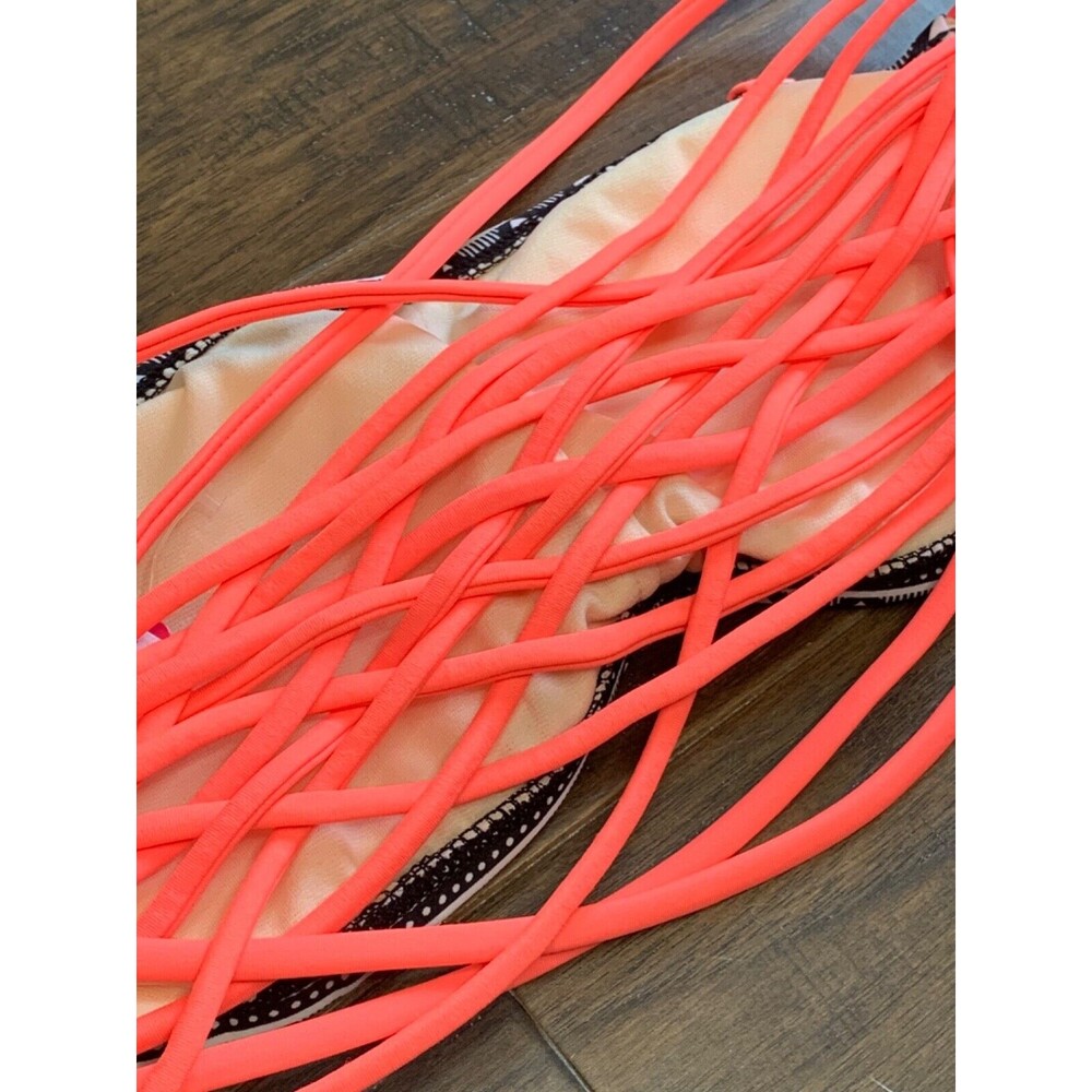Xhilaration Bikini Top Bandeau Bathing Suit Strappy Chevron Neon Coral NEW Small - Picture 4 of 6